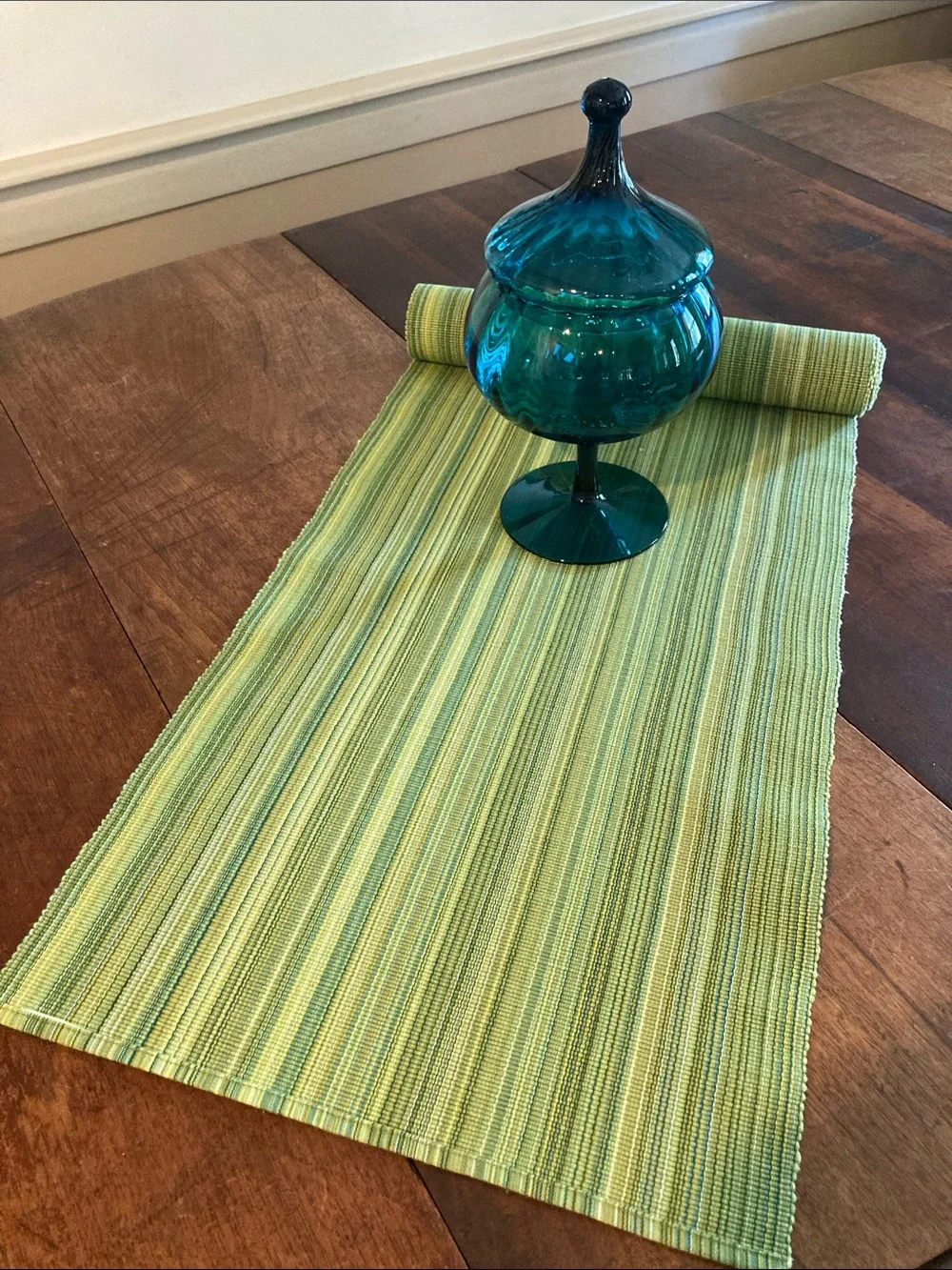 Woven Green Striped Table Runner chartreuse teal home dinning
